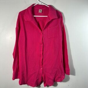 Womens Shade & Shore Gauzey Cotton Button Shirt Long Sleeve Pink XL